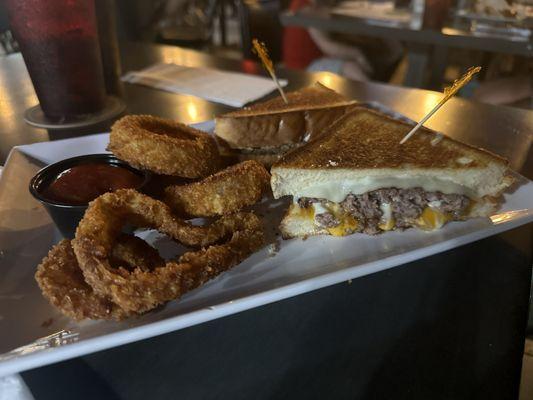 Bonnie Melt Burger with a side of onion rings - husband said it was a REALLY good party melt