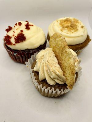 Snickerdoodle cupcake, red velvet cupcake, Orange Spice cupcake