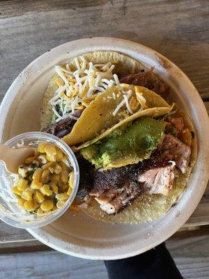 Taco MONDAY!  -pork taco (left) -brisket taco (right) -street corn