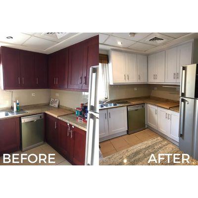 From outdated to modern in two days. In this project, we applied white matte architectural vinyls to a customer's shaker style cabinets.