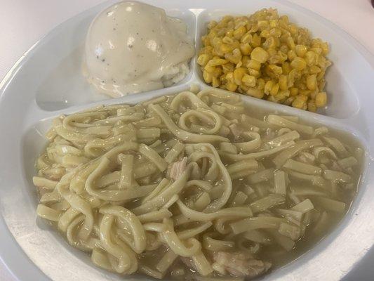 Chicken and Noodles, Green Beans, and Mashed Potatoes and Gravy.