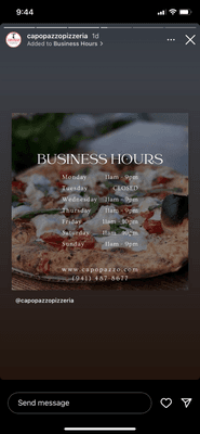 Buisness Hours. Now accepting Door Dash , Grub Hub and Slice app for delivery