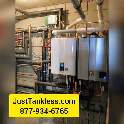 Rinnai tankless water heater with recirculation for domestic hot water and Navien Boiler for Space heating