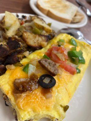 Italian omelet.  Modified: sub olives for mushrooms.  And cheddar for cheese.