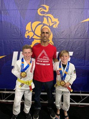 Professor Aaron and our boys Mick and Noah at the world championships of Jiu Jitsu.