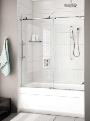 This modern sliding shower door lends a contemporary look to any bathroom.