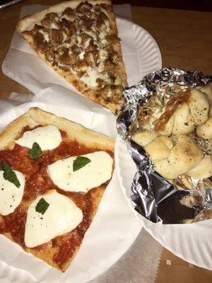 Chicken bacon ranch slice, grandma slice, and garlic knots