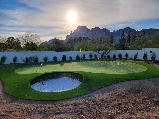 Beautiful view of Camelback Mountain with artificial grass putting green