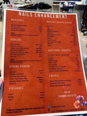 Mani and spa menu