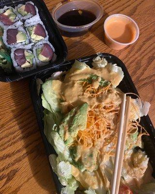 Sushi (tuna avocado roll), avocado salad. Rice, chicken lo mein, beef teriyaki, sautéed shrimp, boneless spare ribs and chicken wings