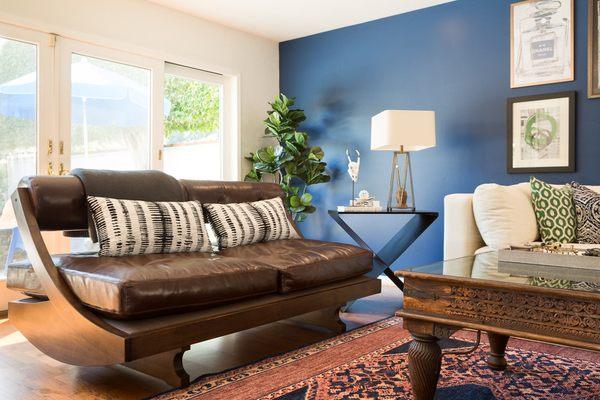 Eclectic Living Room.  Custom Mid Century leather sofa