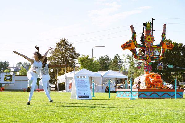 3rd Shift Dance's Wandering Dance Performance next to "Xochicuicatl" ("FlowerSong") Sculpture Art Installation in Redmond Downtown Park.