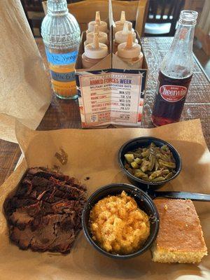 Oak Smoked Texas style Beef Brisket lean, Mac and cheese, green beans and bacon and corn bread