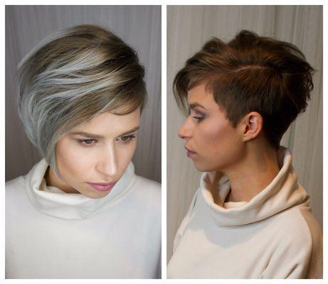 Color& cut by Kristy. Color-Ombré technique w/ silver denim toner. Partial shaved pixie cut.