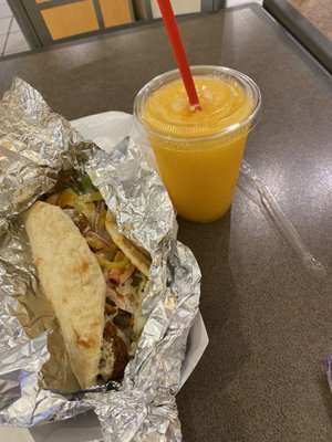 Veg falafel and frozen ice mango slushee