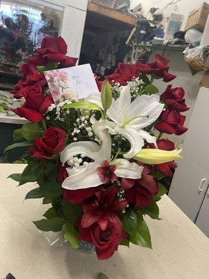 Heart shaped roses with your choice of lilies! (Red and white here) $45