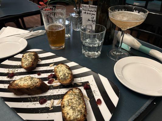 Goat Cheese Toast, IPA, and French martini