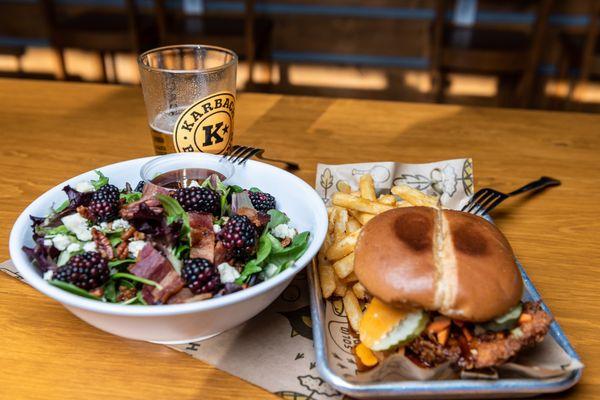 Black and blue salad with a Rolls Royce sandwich