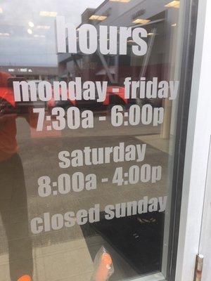 Office Hours M-F 7:30 - 6 pm Sat 8:00 - 4:00 pm  Sun Closed