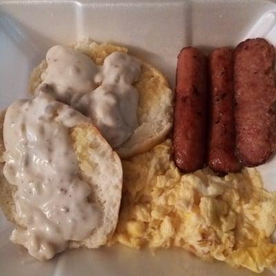 Smoked link sausage plate which I added a side of small gravy to. $4.50 and so GOOD, and the biscuit is huge.