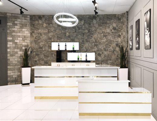 Custom Reception Desk, Wine Bar and Wine Display with White and Yellow Gold Accent