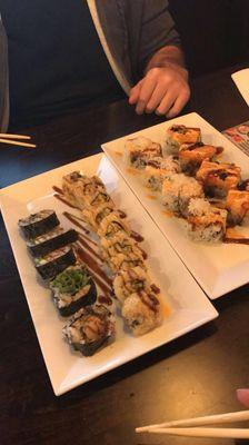 Left to right: Spider-Man roll, crazy California roll, deep blue roll, and Mr. Tokyo roll.