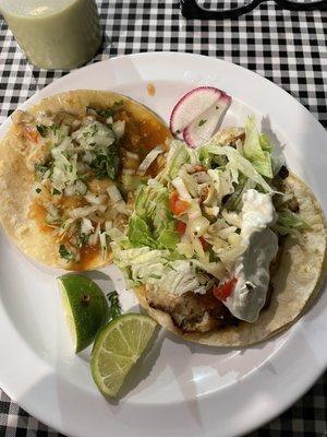 left chicken taco and right fish taco (tilipia)