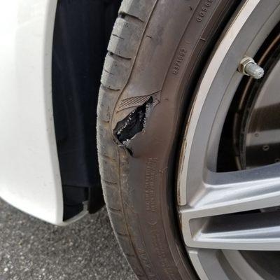 Tire tear from pot holes on New York highways. Our taxes at work!