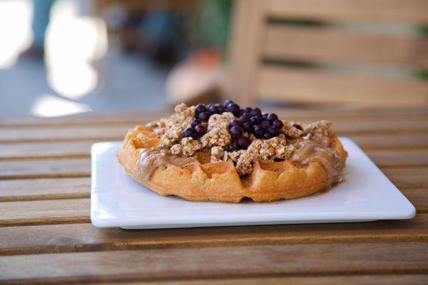 Crispy vanilla waffle served Marcella style (Nut butter + Grain-free granola)