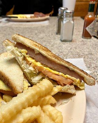 Bologna, egg and cheese sandwich with LTM and crinkle fries - ON POINT!