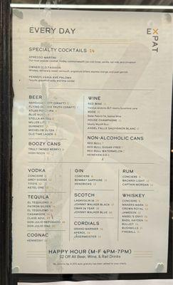 Drink menu