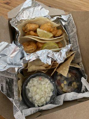 shrimp tacos, slaw, and black bean and corn salsa