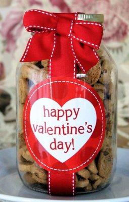 Valentines Day Chocolate Chip Cookies in a quart jar, perfect for friends and grand kids!  See our blog for details and price.