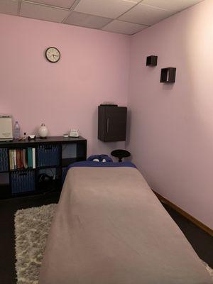 Inside my massage room. I use a diffuser in all of my sessions to help promote relaxation in a therapeutic environment.