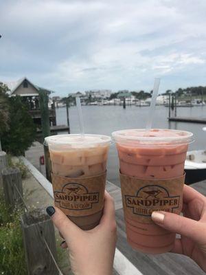 Iced Chai Latte (left) and Iced Mocha Raspberry Latte (right)