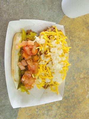 Chicago dog and chili cheese coney