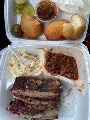 Rib plate w/potatoe salad, baked beans and rolls....Mmmmm good !!!!