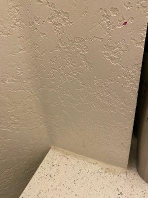 Room 117: Red speck on wall and wall area not cleaned. Is this blood, wine, and coffee splatter? Yuck!