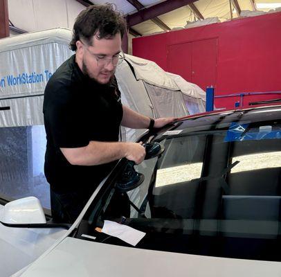 OEM windshield replacement, done by our High Voltage expert Tesla Tech.