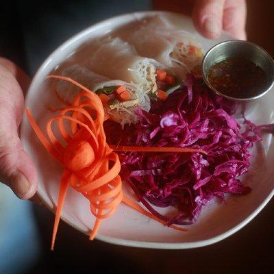 Our commercial kitchen is 100 percent vegetarian, though we do grill meat outdoors sometimes.