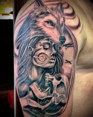 Wolfhead Girl with time tattoo - Natedogsart