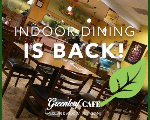 Indoor Dining is Back at the Greenleaf Cafe! Now Open Mon - Sat 8:00am-8:30pm | Starting April 12th Sun 8:00am-4:00pm