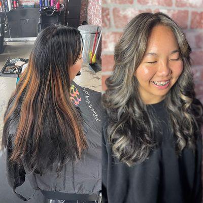 Before and after     color correction balayage, haircut, and style by Danielle