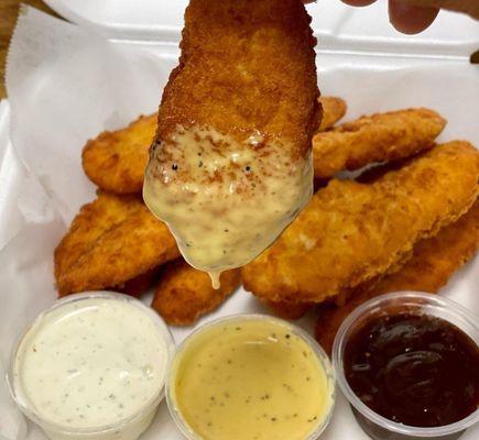 CHICKEN FINGERS 
 Dipping Sauces available Ranch, Bbq, and Honey Mustard