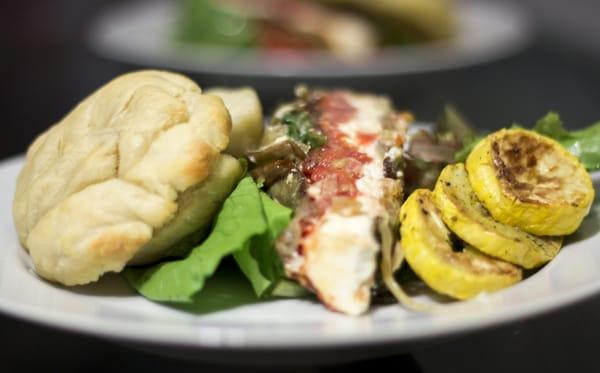 Summer Vegetable Terrine, Grilled Squash, Farm Fresh Greens, Truffle Focaccia Bread