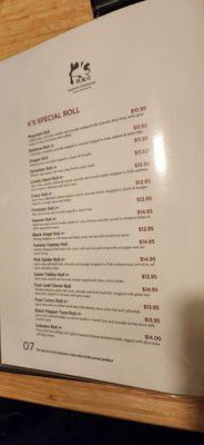 Specialty Roll Menu