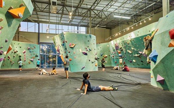 Main climbing area at Austin Bouldering Project.