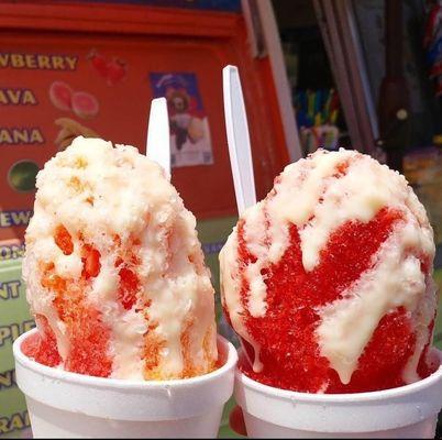 our most popular snow cones , strawberry & pinapple with condensed milk