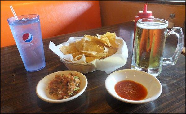 Chips and two types of in-house-made salsa are included with your meal.  Naturally, the beer is extra, but certainly tastes good.