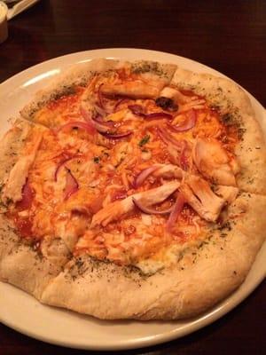 Personal size buffalo chicken pizza. Love the real chicken and herb crust.